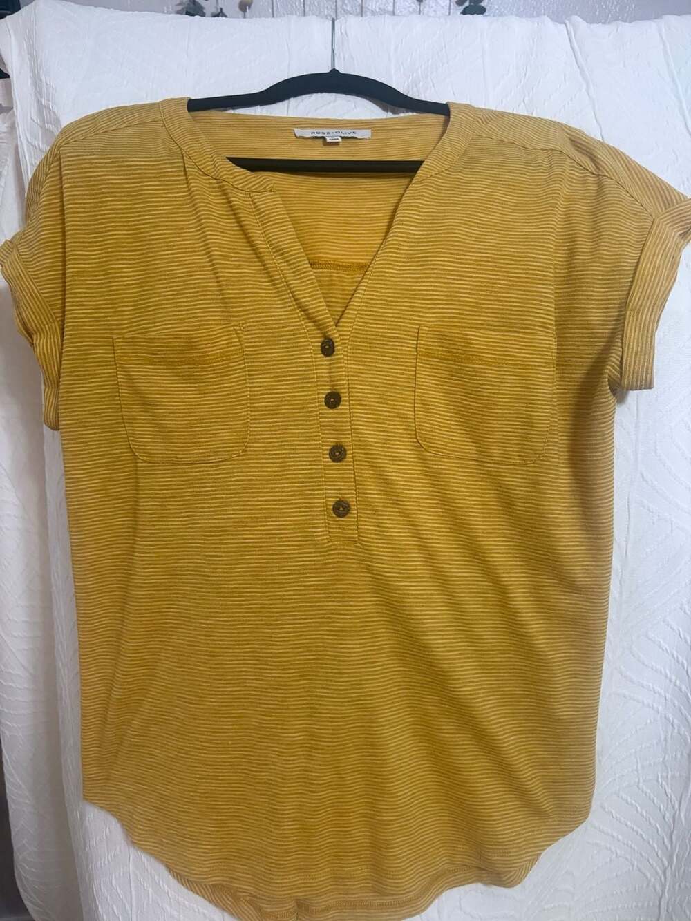 Rose + Olive Striped Henley Top Size M Mustard Yellow Pocket Short Sleeve